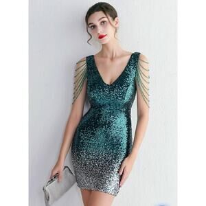 Chicwish Beaded Shoulder Ombre Sequin Cocktail Dress in Emerald Women's Medium